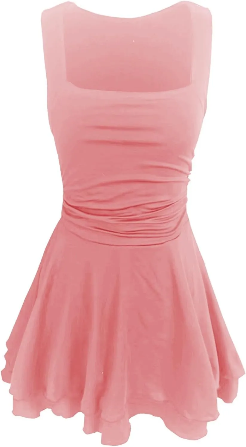 Going Out Dresses for Women Square Neck Ruffle Hem Mini Dress Ruched Waist Short Party Dresses Beach Vacation Outfits