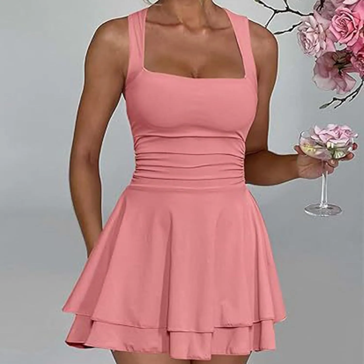Going Out Dresses for Women Square Neck Ruffle Hem Mini Dress Ruched Waist Short Party Dresses Beach Vacation Outfits