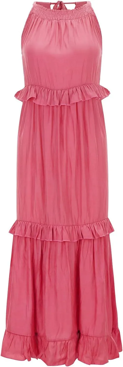 GOKKILRW Maxi Dresses for Women 2025 Summer Halter Long Dress Loose Flowy Boho Swing Smocked Ruffle Beach Dress Resort Wear