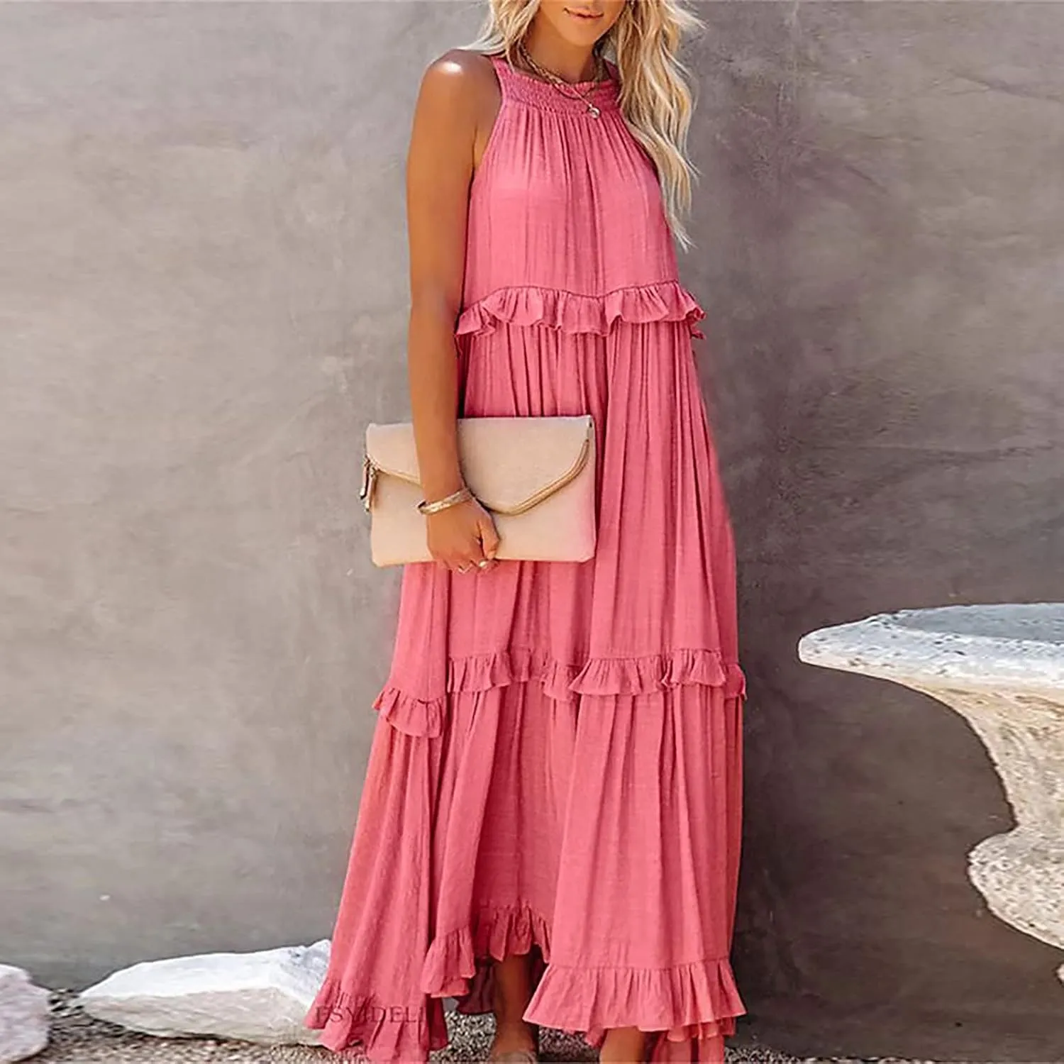 GOKKILRW Maxi Dresses for Women 2025 Summer Halter Long Dress Loose Flowy Boho Swing Smocked Ruffle Beach Dress Resort Wear