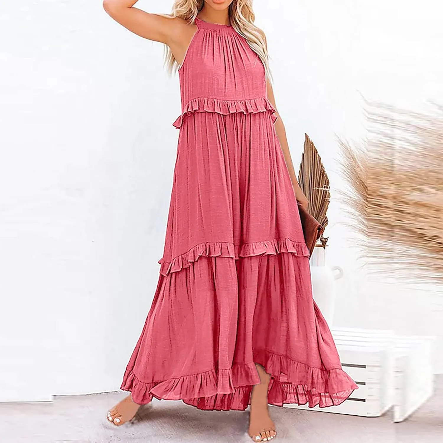 GOKKILRW Maxi Dresses for Women 2025 Summer Halter Long Dress Loose Flowy Boho Swing Smocked Ruffle Beach Dress Resort Wear