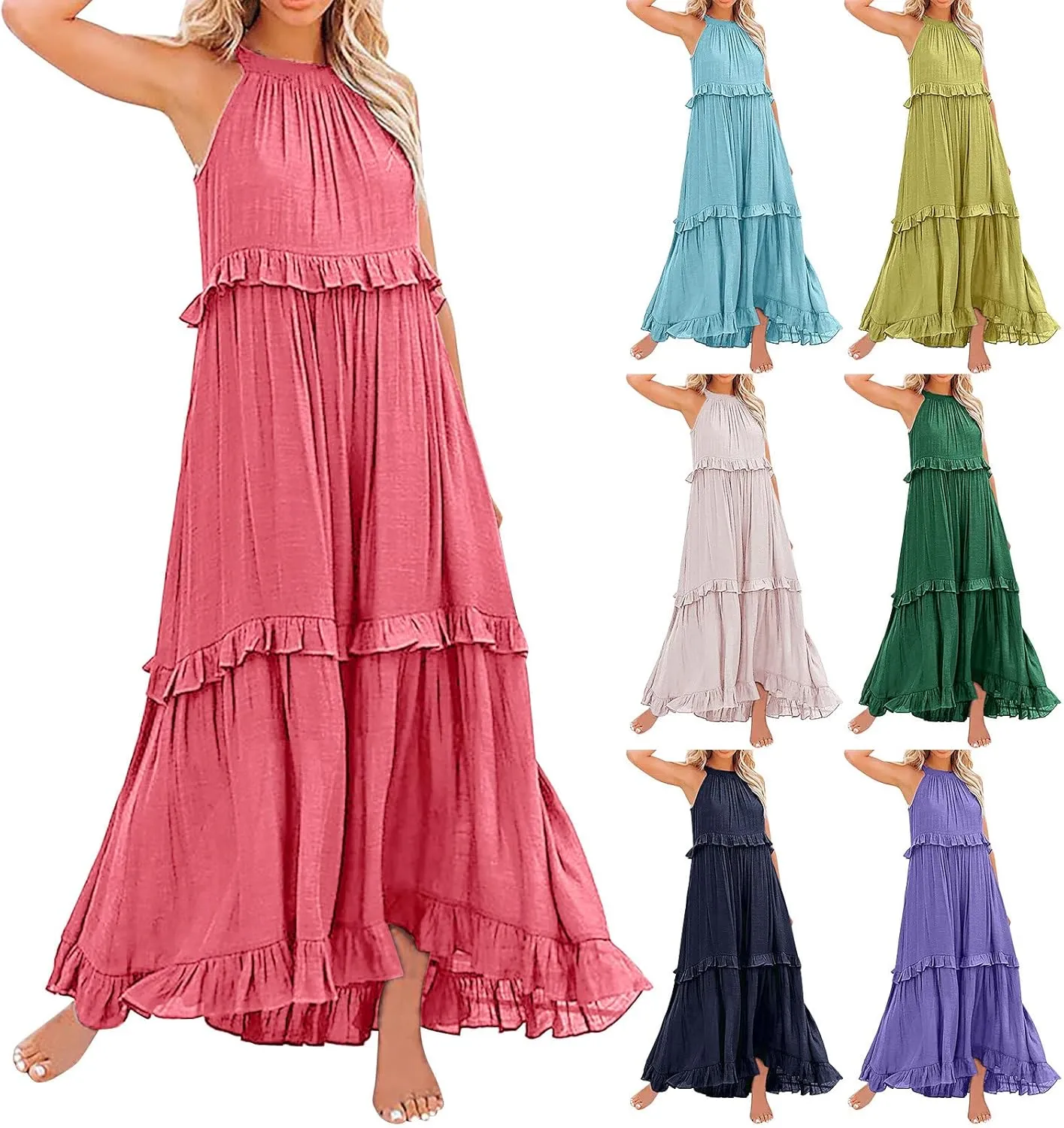 GOKKILRW Maxi Dresses for Women 2025 Summer Halter Long Dress Loose Flowy Boho Swing Smocked Ruffle Beach Dress Resort Wear