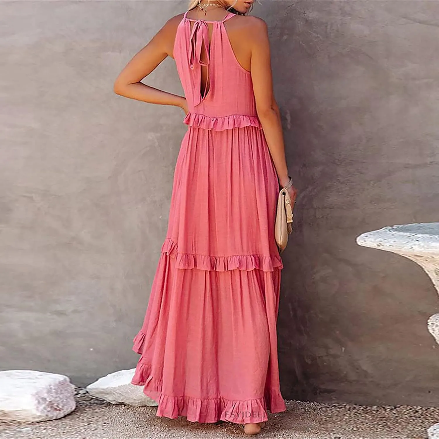 GOKKILRW Maxi Dresses for Women 2025 Summer Halter Long Dress Loose Flowy Boho Swing Smocked Ruffle Beach Dress Resort Wear