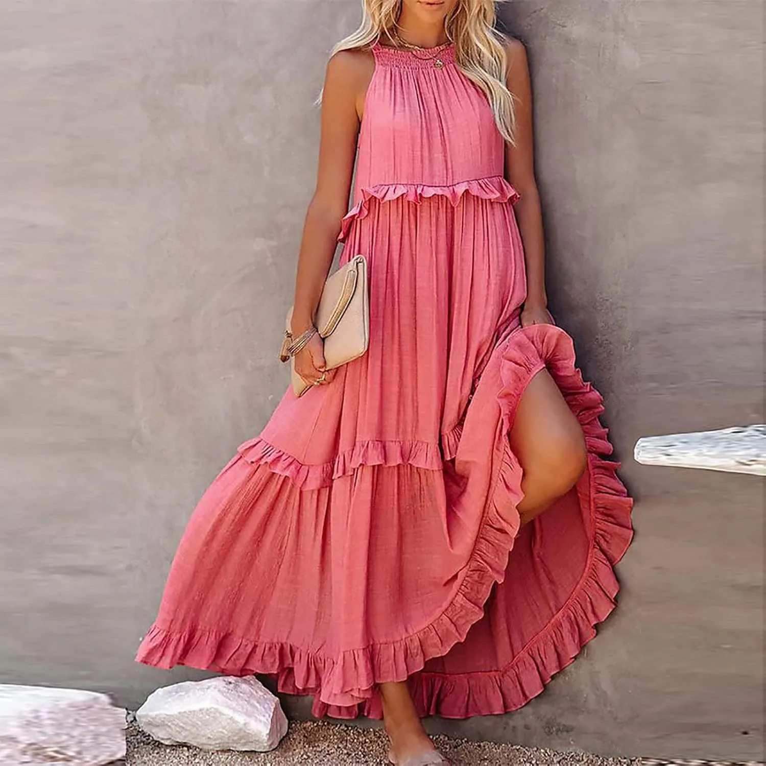 GOKKILRW Maxi Dresses for Women 2025 Summer Halter Long Dress Loose Flowy Boho Swing Smocked Ruffle Beach Dress Resort Wear