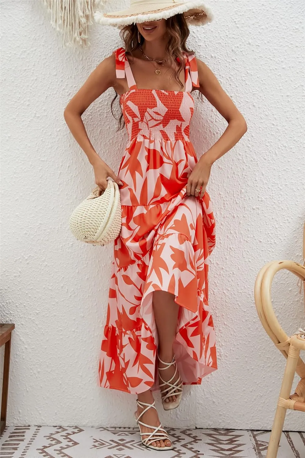 GOLDSTITCH Women's Summer Boho Spaghetti Strap Ruffle A Line Beach Long Maxi Dress