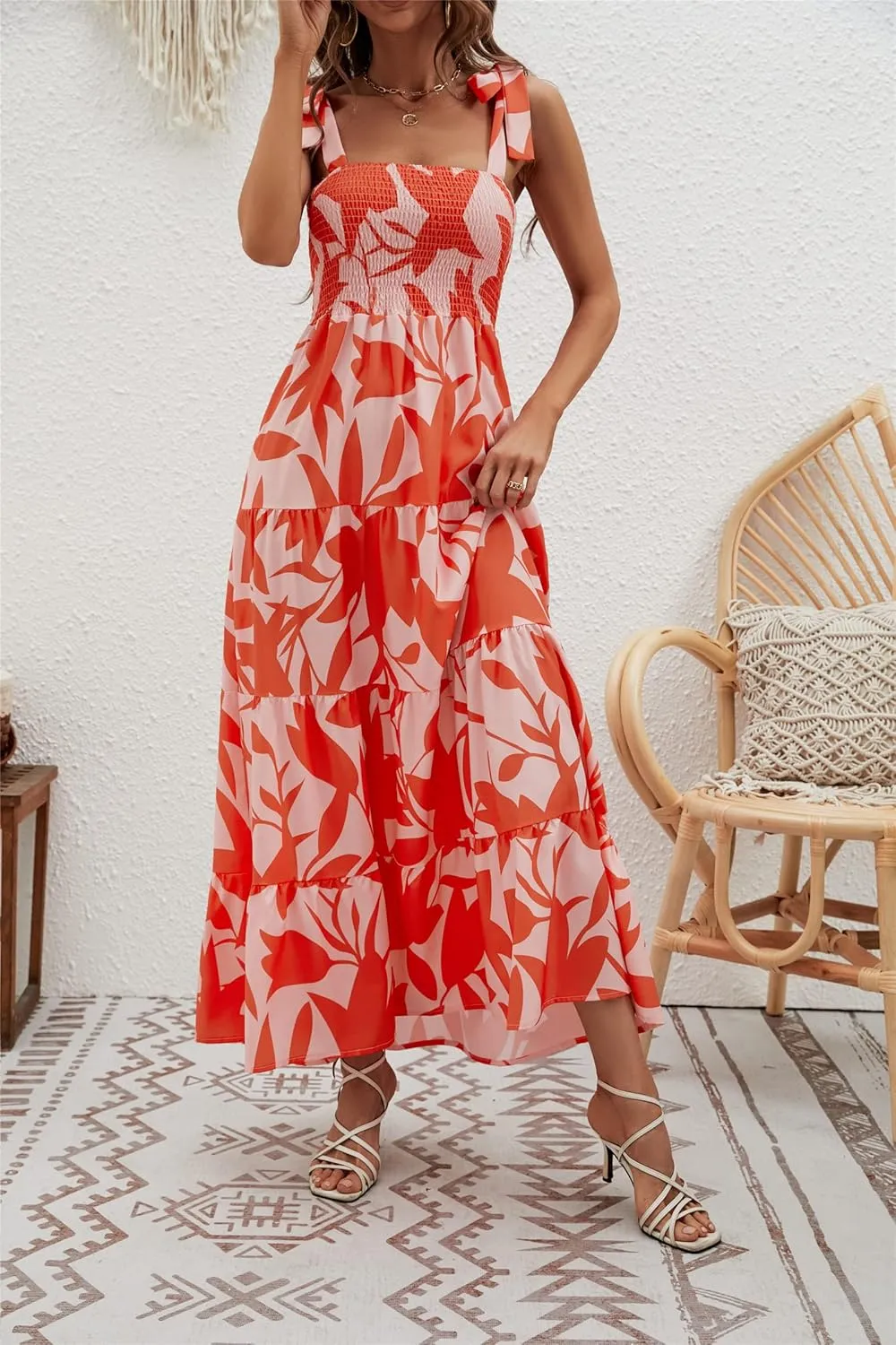 GOLDSTITCH Women's Summer Boho Spaghetti Strap Ruffle A Line Beach Long Maxi Dress