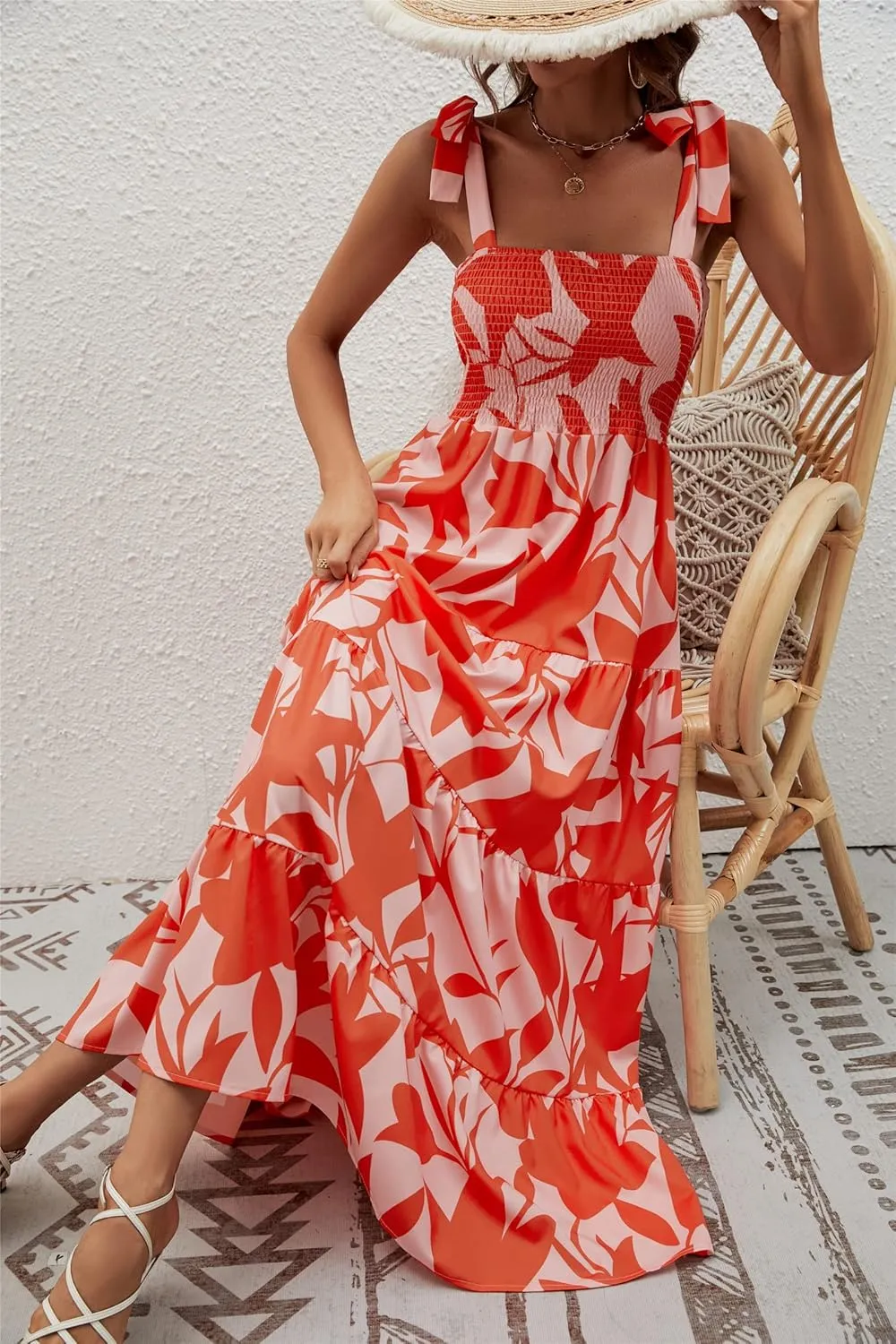 GOLDSTITCH Women's Summer Boho Spaghetti Strap Ruffle A Line Beach Long Maxi Dress