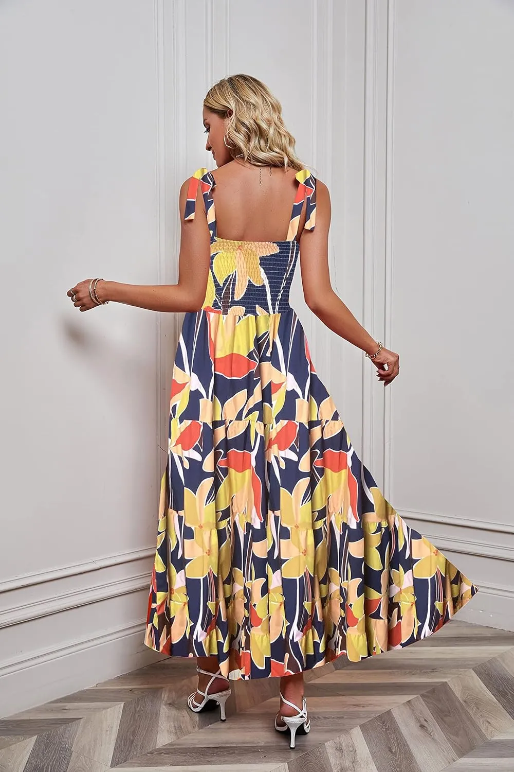 GOLDSTITCH Women's Summer Boho Spaghetti Strap Ruffle A Line Beach Long Maxi Dress