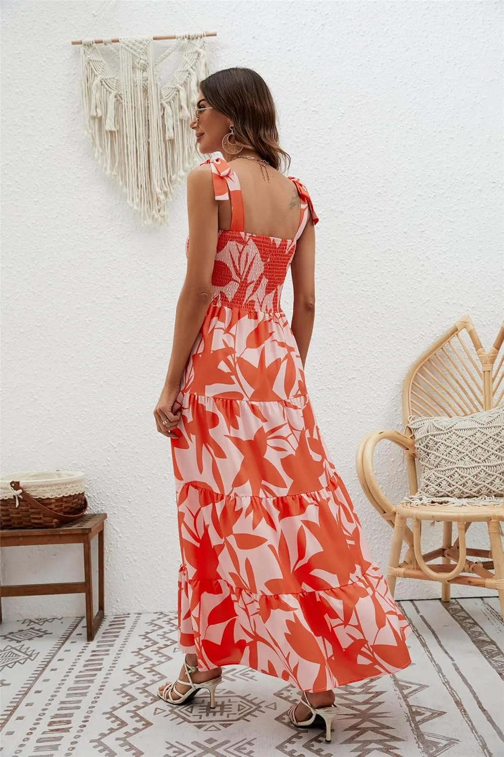 GOLDSTITCH Women's Summer Boho Spaghetti Strap Ruffle A Line Beach Long Maxi Dress