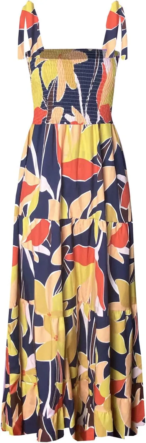 GOLDSTITCH Women's Summer Boho Spaghetti Strap Ruffle A Line Beach Long Maxi Dress