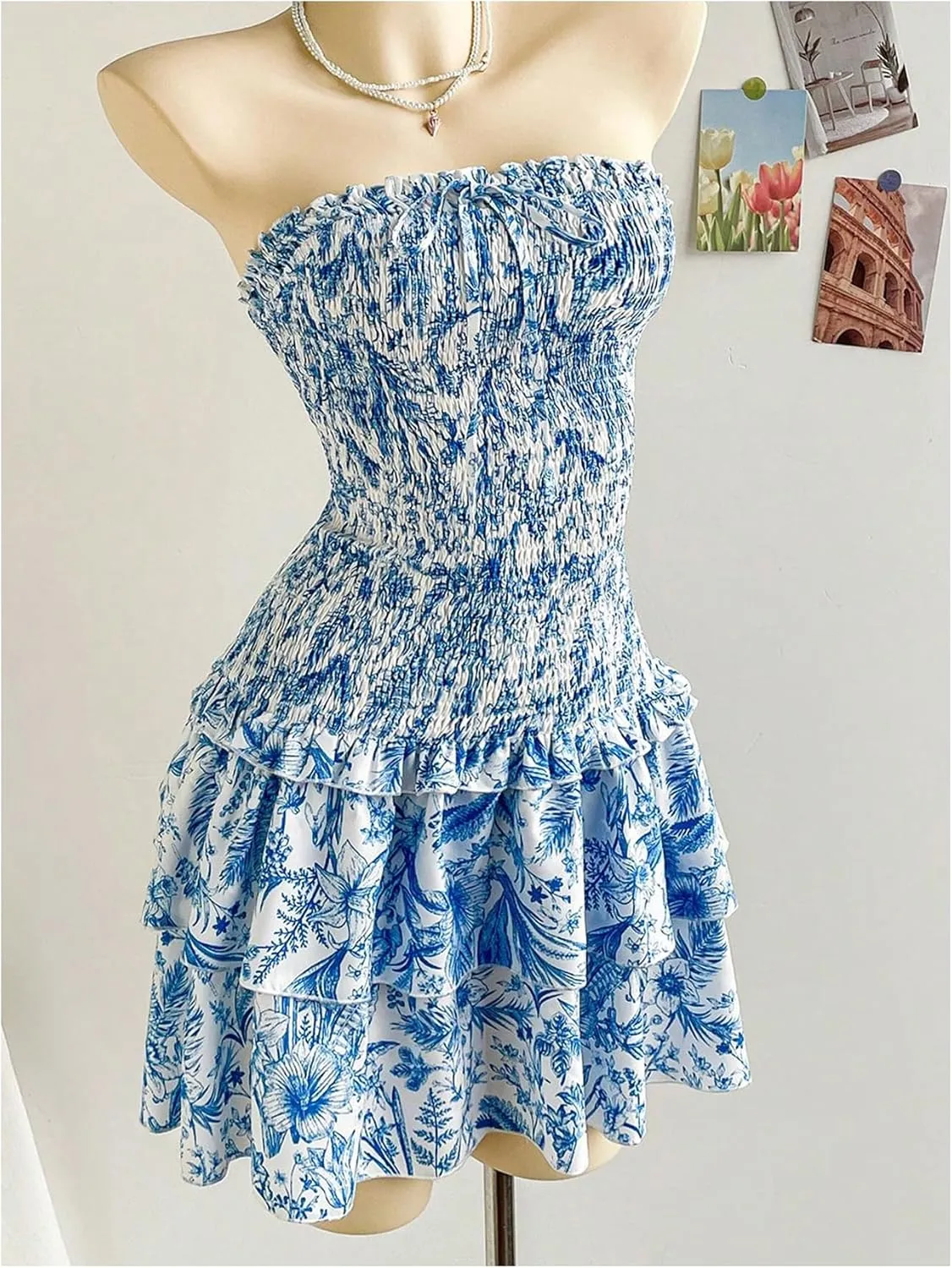 GORGLITTER Women's Floral Layered Ruffle Mini Dress Frill Trim Shirred Strapless Summer Tube Dresses
