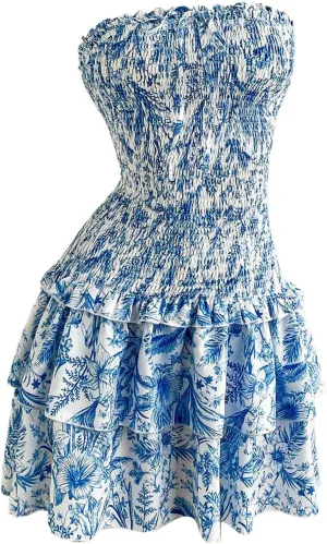 GORGLITTER Women's Floral Layered Ruffle Mini Dress Frill Trim Shirred Strapless Summer Tube Dresses