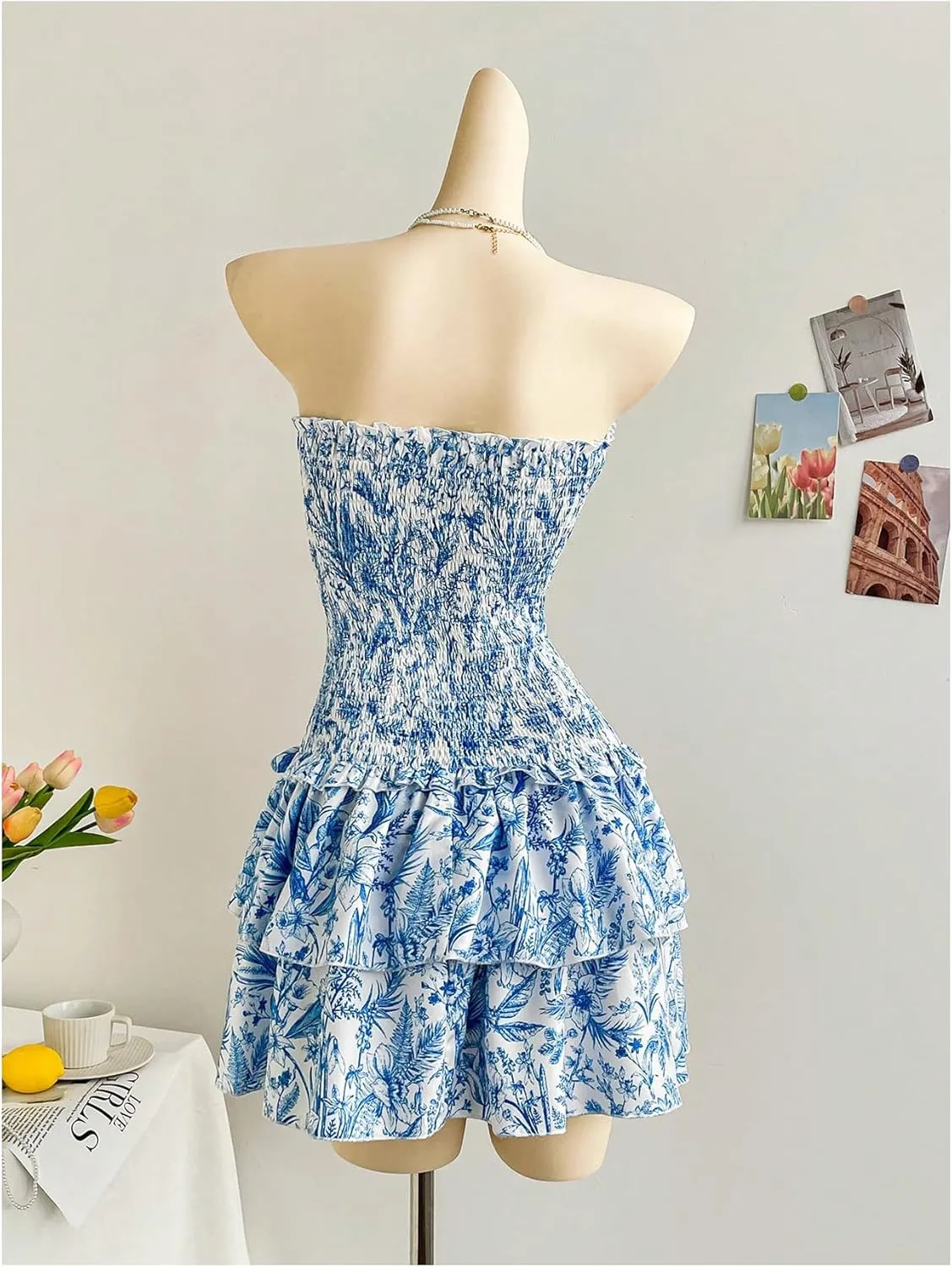 GORGLITTER Women's Floral Layered Ruffle Mini Dress Frill Trim Shirred Strapless Summer Tube Dresses