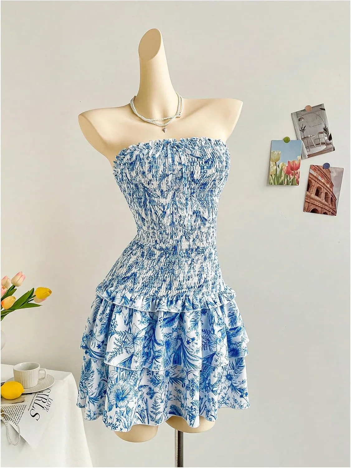 GORGLITTER Women's Floral Layered Ruffle Mini Dress Frill Trim Shirred Strapless Summer Tube Dresses