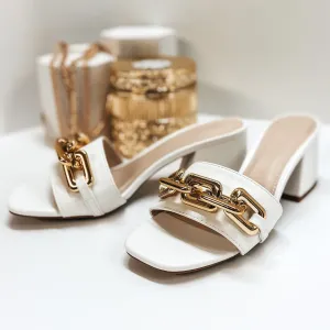 Grand Entrance Gold Chain Mini Block Heels in White