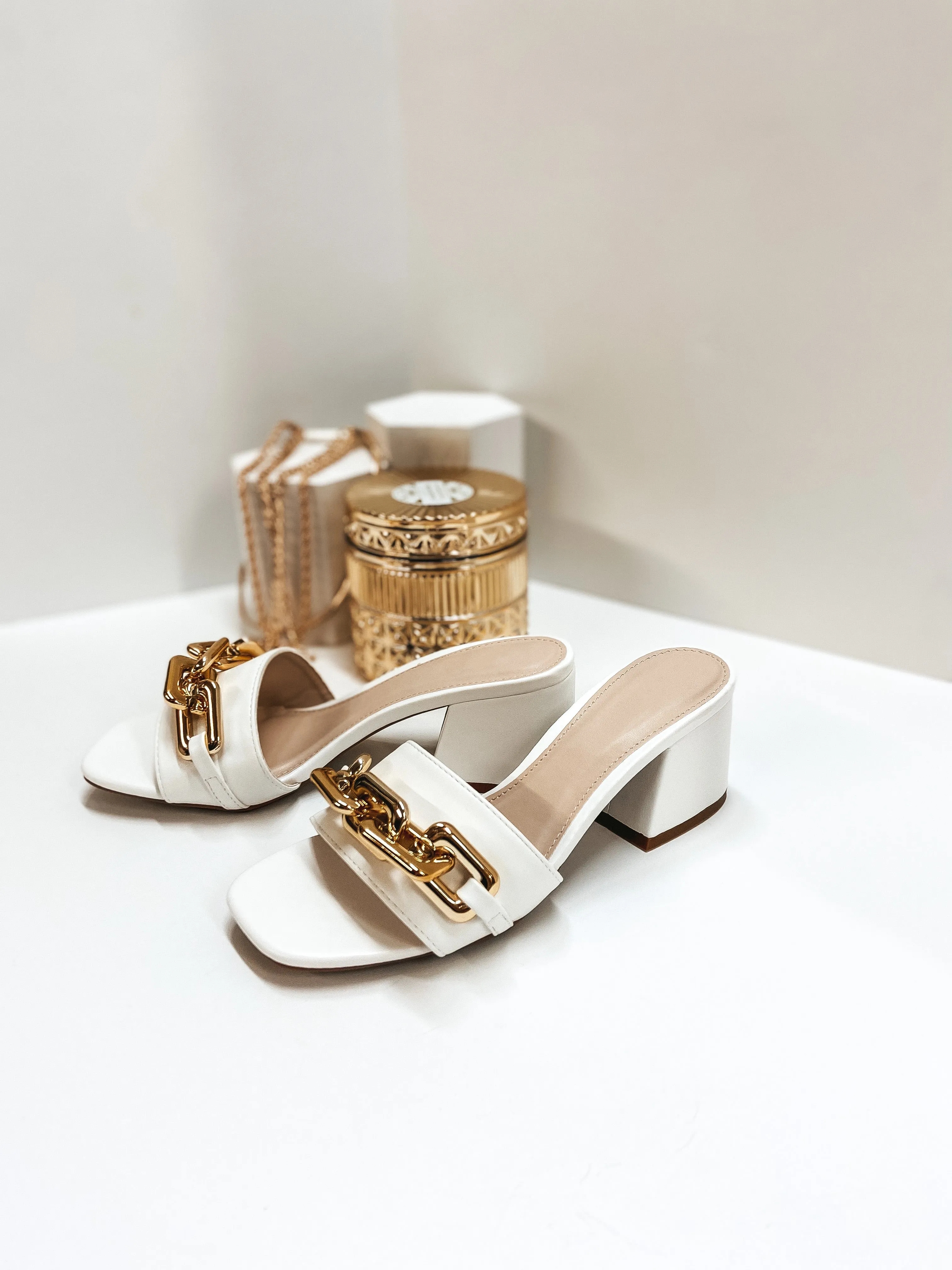 Grand Entrance Gold Chain Mini Block Heels in White