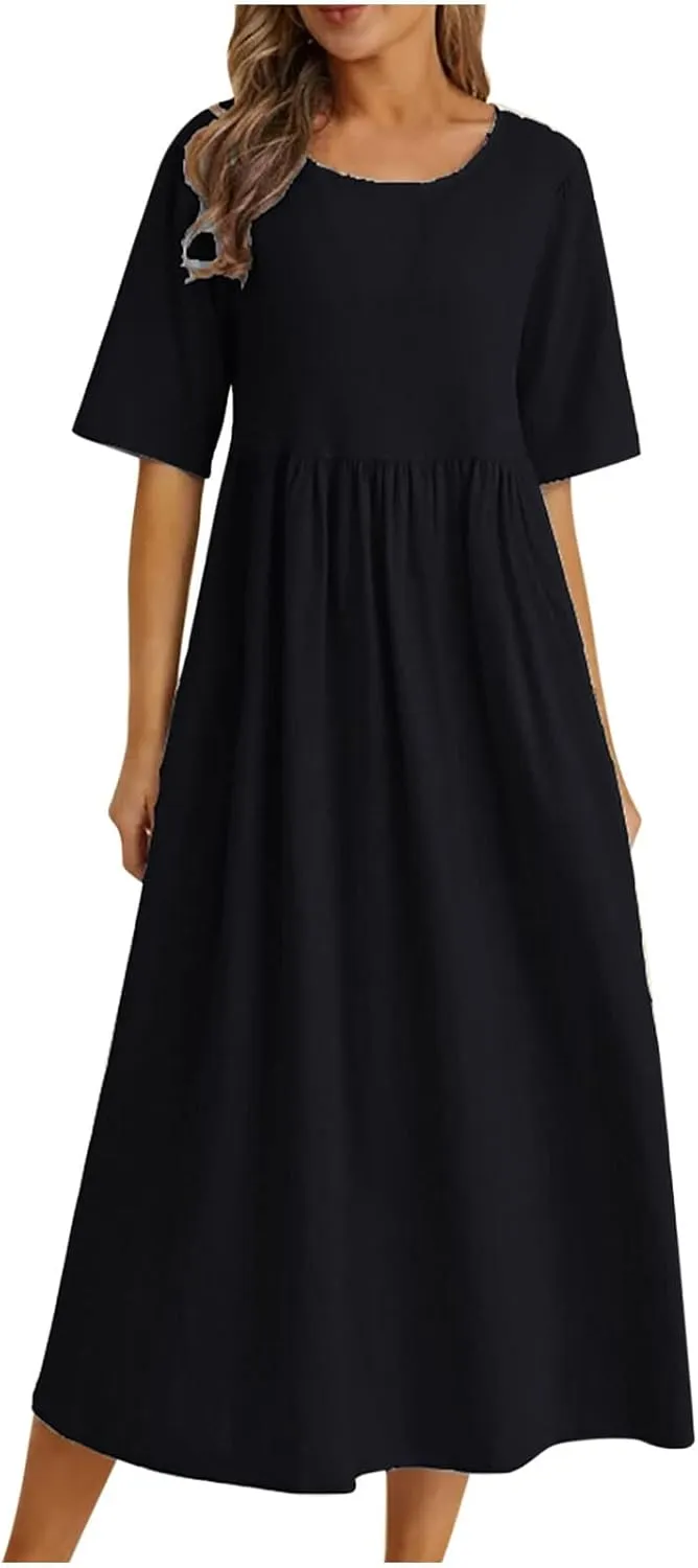 Half Sleeve Cotton Linen A-Line Dress Women Crewneck Casual Loose Midi Dress Summer High Waist Modest Flowy Dresses