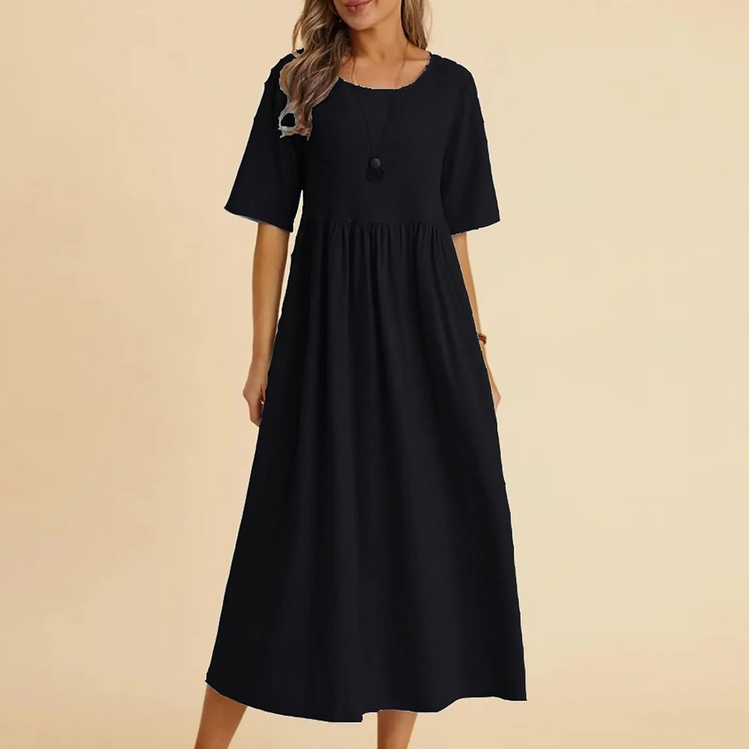 Half Sleeve Cotton Linen A-Line Dress Women Crewneck Casual Loose Midi Dress Summer High Waist Modest Flowy Dresses