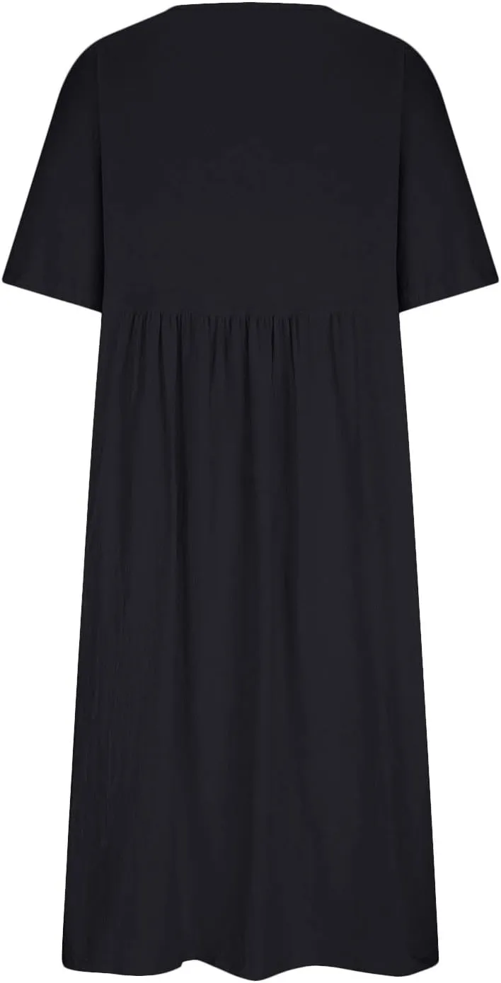 Half Sleeve Cotton Linen A-Line Dress Women Crewneck Casual Loose Midi Dress Summer High Waist Modest Flowy Dresses