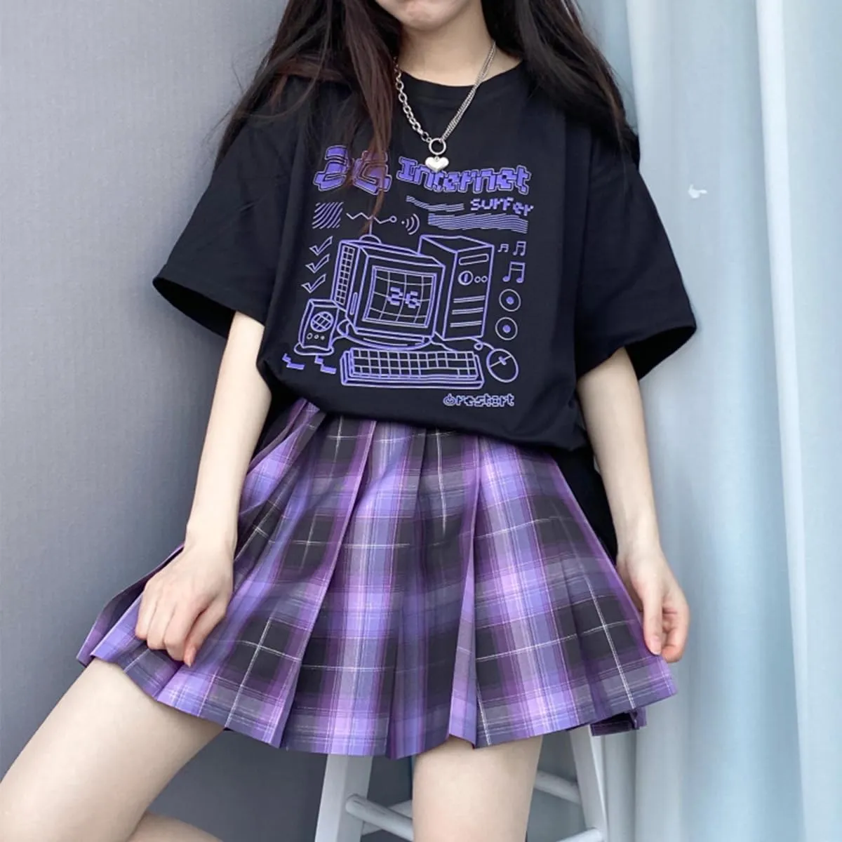 Harajuku Fashion Kawaii Clothes Pastel Goth Casual Style Soft Crewneck Cartoon Vintage Computer Print T-Shirt