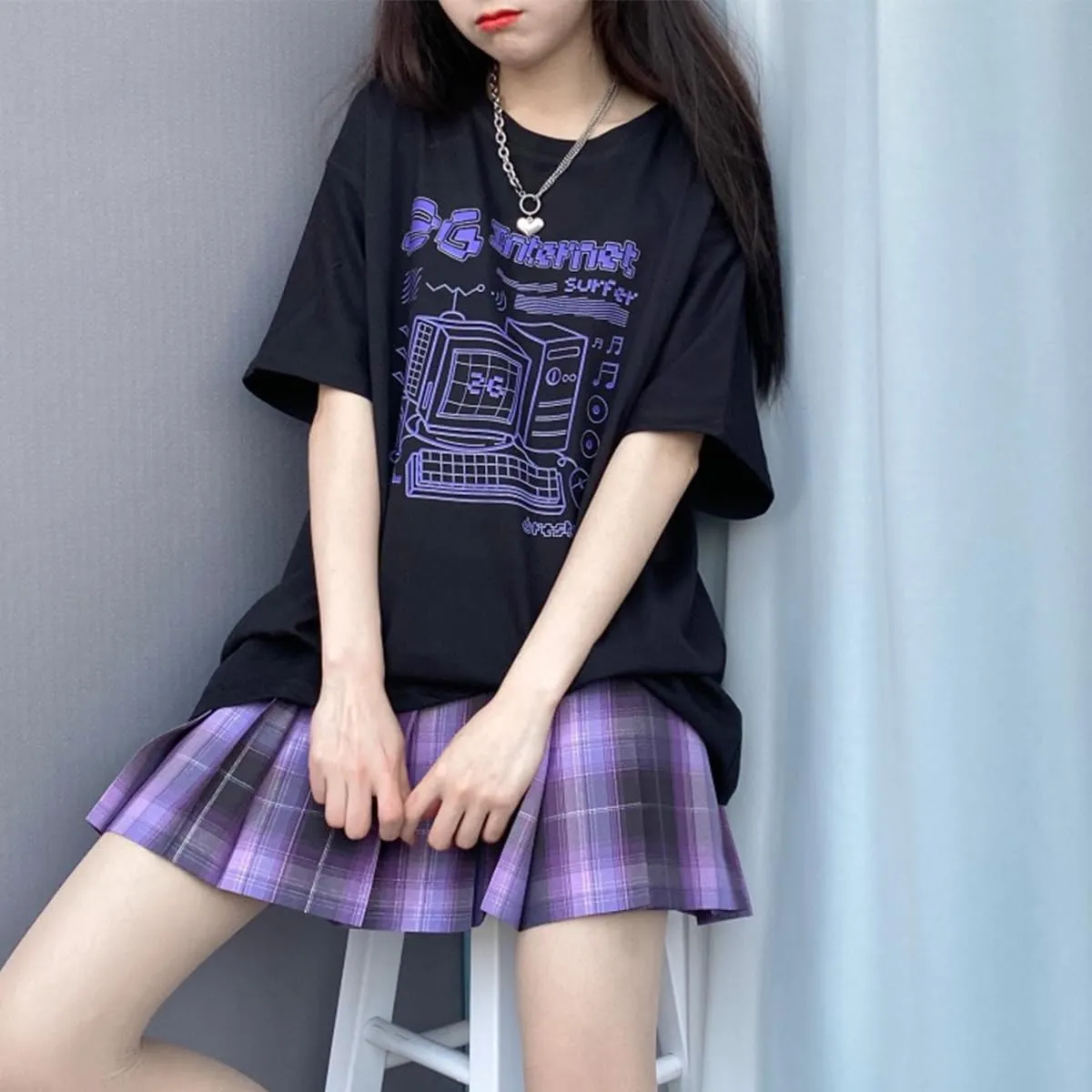 Harajuku Fashion Kawaii Clothes Pastel Goth Casual Style Soft Crewneck Cartoon Vintage Computer Print T-Shirt