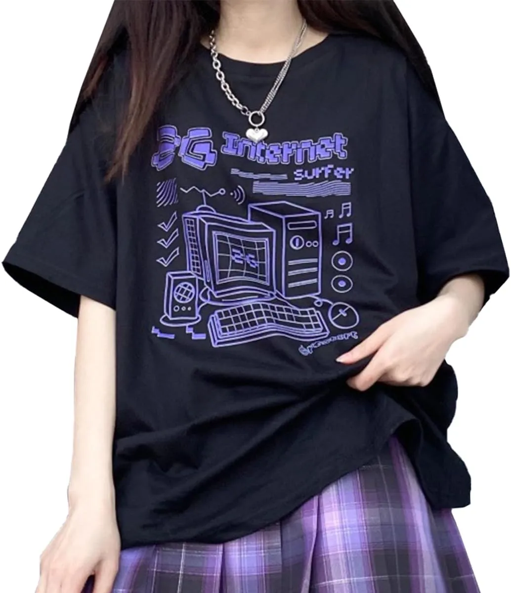 Harajuku Fashion Kawaii Clothes Pastel Goth Casual Style Soft Crewneck Cartoon Vintage Computer Print T-Shirt
