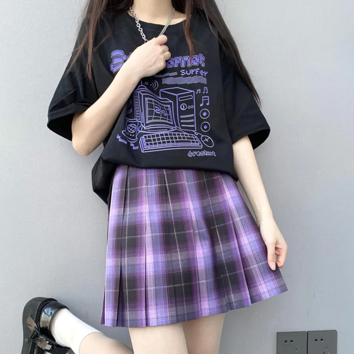 Harajuku Fashion Kawaii Clothes Pastel Goth Casual Style Soft Crewneck Cartoon Vintage Computer Print T-Shirt