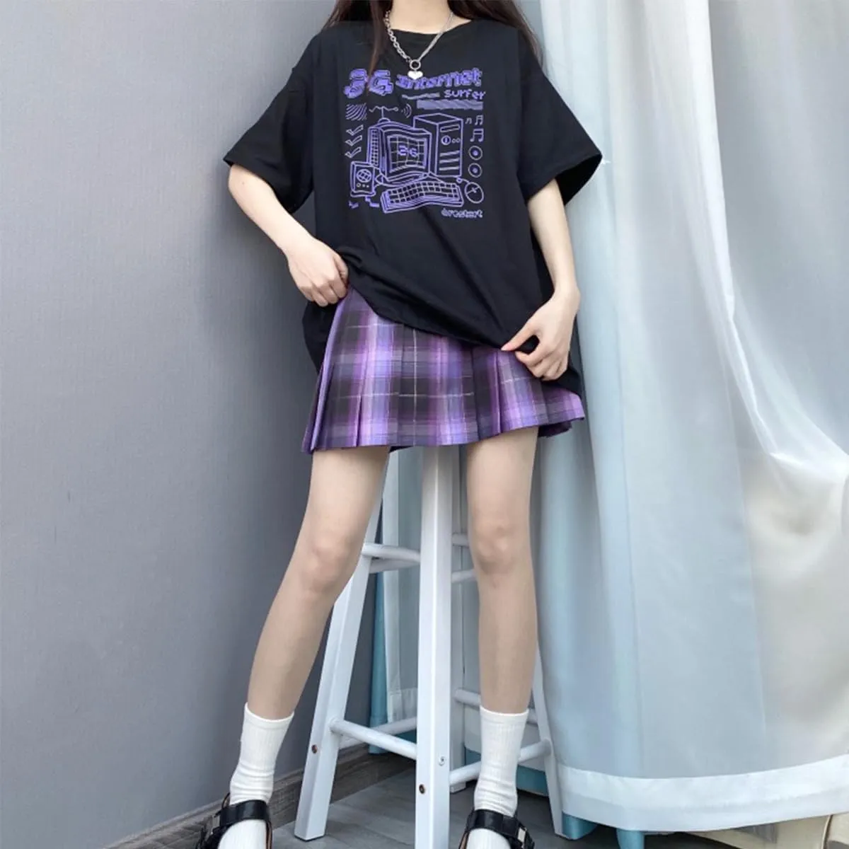 Harajuku Fashion Kawaii Clothes Pastel Goth Casual Style Soft Crewneck Cartoon Vintage Computer Print T-Shirt