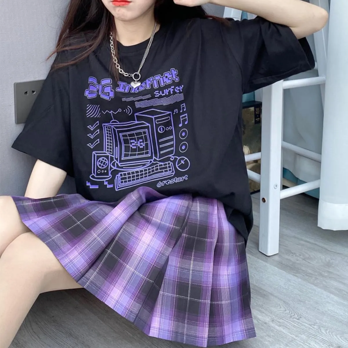 Harajuku Fashion Kawaii Clothes Pastel Goth Casual Style Soft Crewneck Cartoon Vintage Computer Print T-Shirt