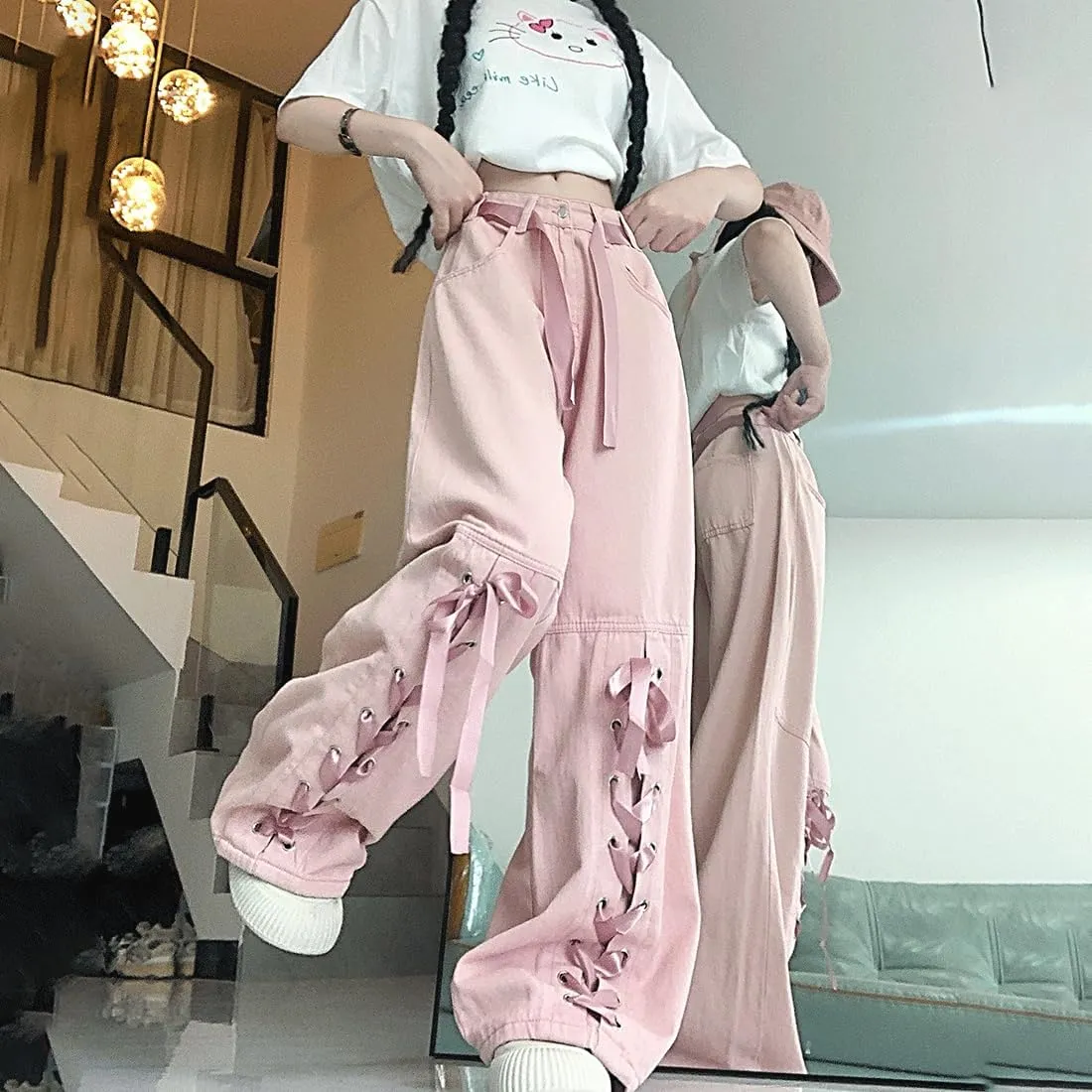 Harajuku Y2K Kawaii Gothic Vintage Casual Style High Waisted Straight Wide Leg Ribbons Trim Pink Denim Pants