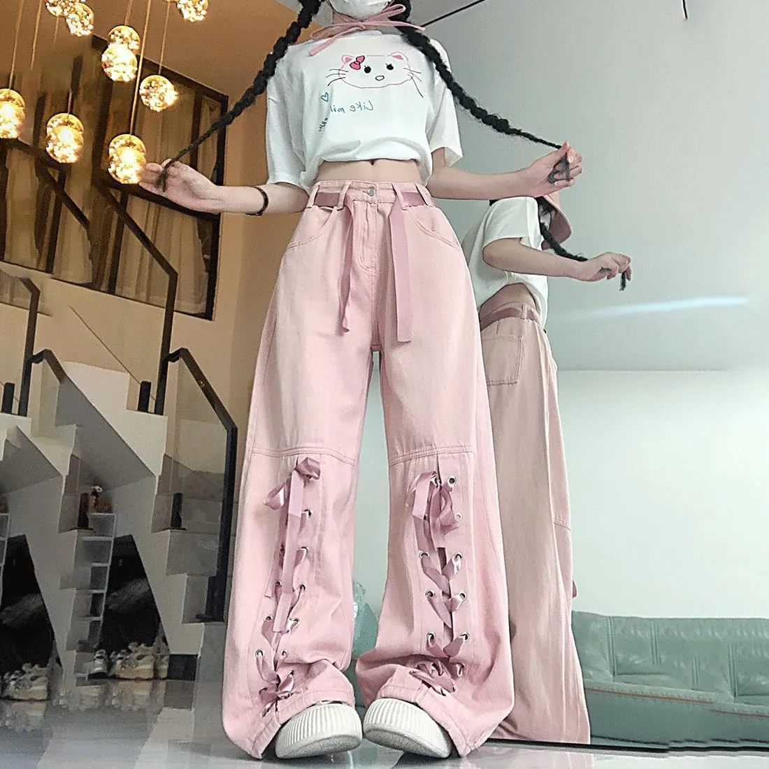 Harajuku Y2K Kawaii Gothic Vintage Casual Style High Waisted Straight Wide Leg Ribbons Trim Pink Denim Pants