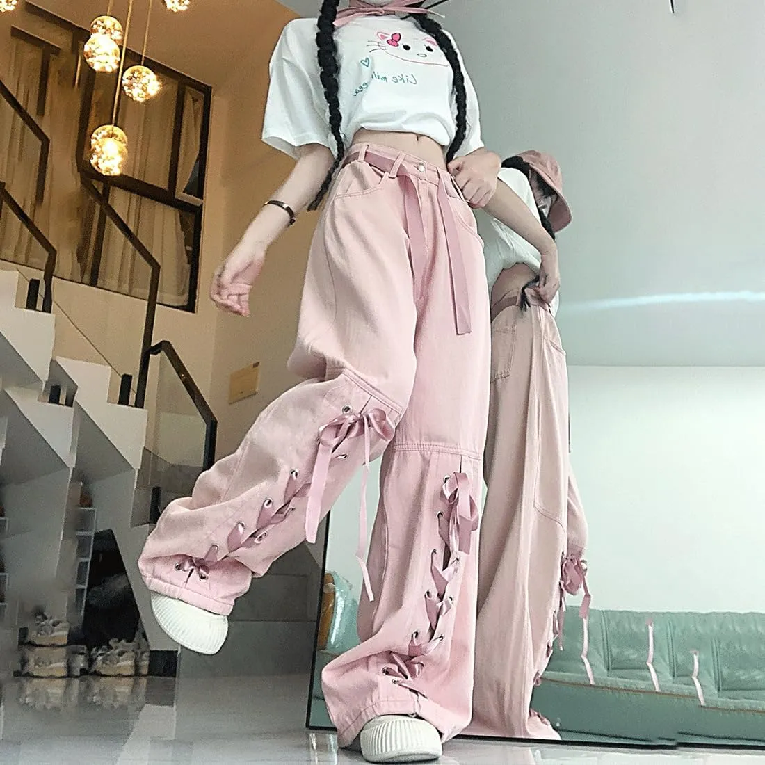 Harajuku Y2K Kawaii Gothic Vintage Casual Style High Waisted Straight Wide Leg Ribbons Trim Pink Denim Pants