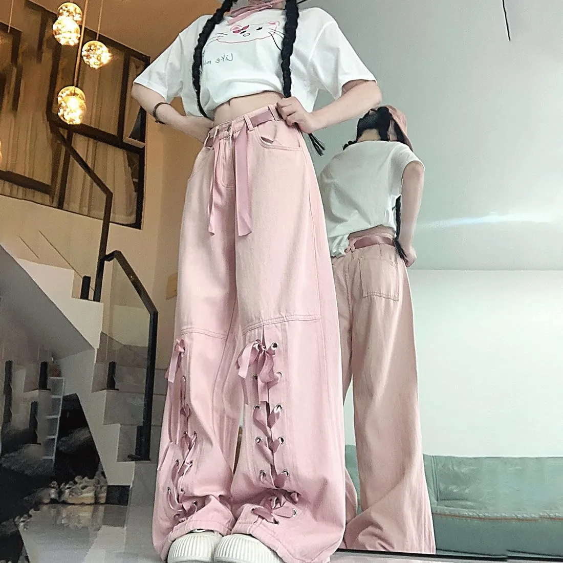 Harajuku Y2K Kawaii Gothic Vintage Casual Style High Waisted Straight Wide Leg Ribbons Trim Pink Denim Pants