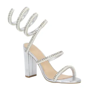 Hausa - Embellished Block Heels, Spiral Coil Strap with Rhinestones & Pearls, Perfect for Adding Luxury to Your Look