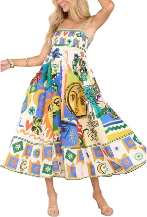 Hawaiian Dresses for Women Loose Striped Sleeveless Spaghetti Strap Boho Dress Flowy Graffiti Long Aline Sun Dress