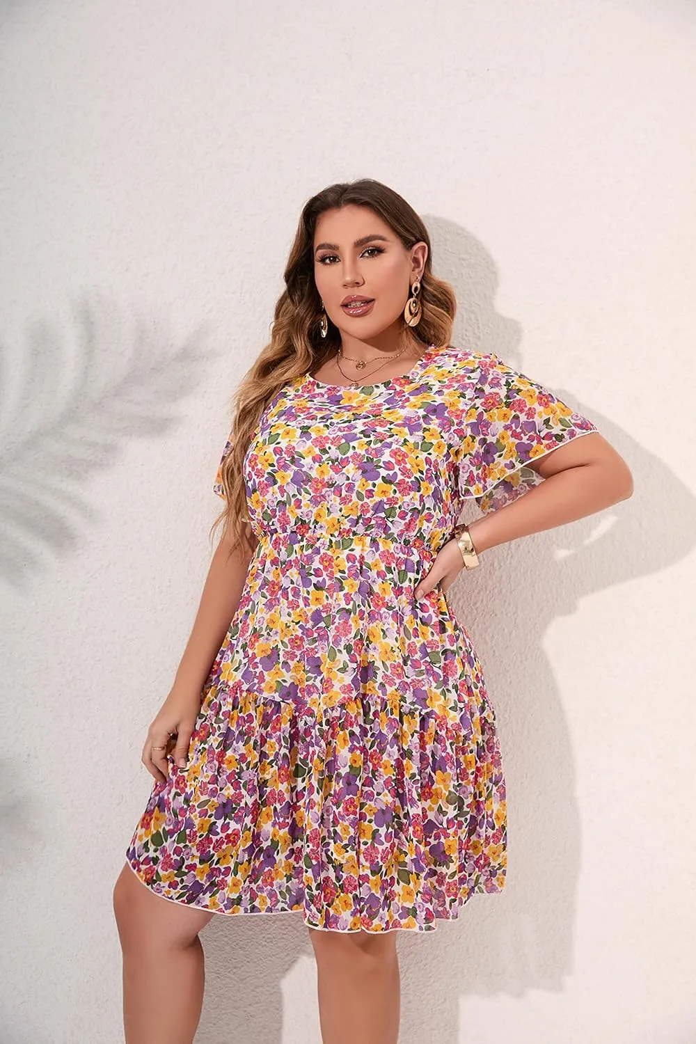 HBEYYTO Women's Plus Size Floral Print Boho Beach Dress Casual Ruffle Sleeve Elastic Waist Swing Chiffon Sundress