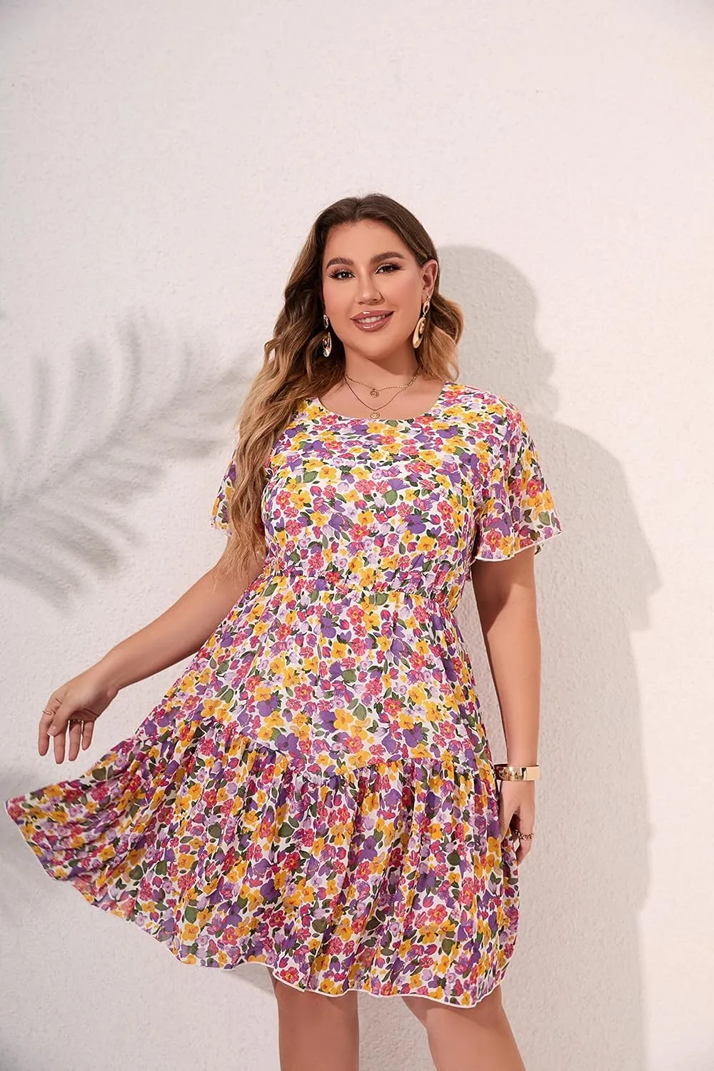 HBEYYTO Women's Plus Size Floral Print Boho Beach Dress Casual Ruffle Sleeve Elastic Waist Swing Chiffon Sundress