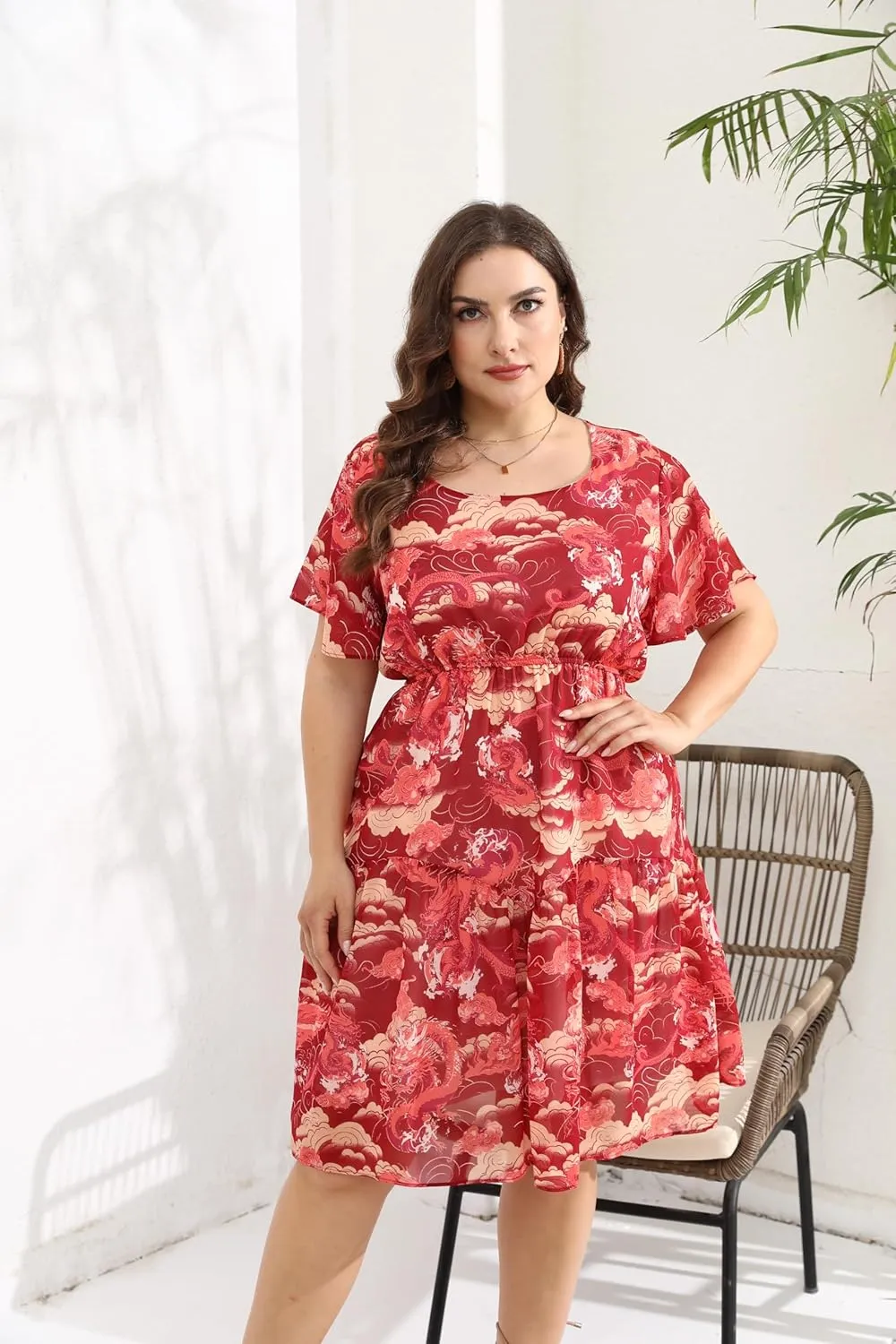 HBEYYTO Women's Plus Size Floral Print Boho Beach Dress Casual Ruffle Sleeve Elastic Waist Swing Chiffon Sundress