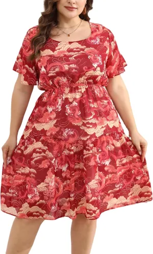 HBEYYTO Women's Plus Size Floral Print Boho Beach Dress Casual Ruffle Sleeve Elastic Waist Swing Chiffon Sundress