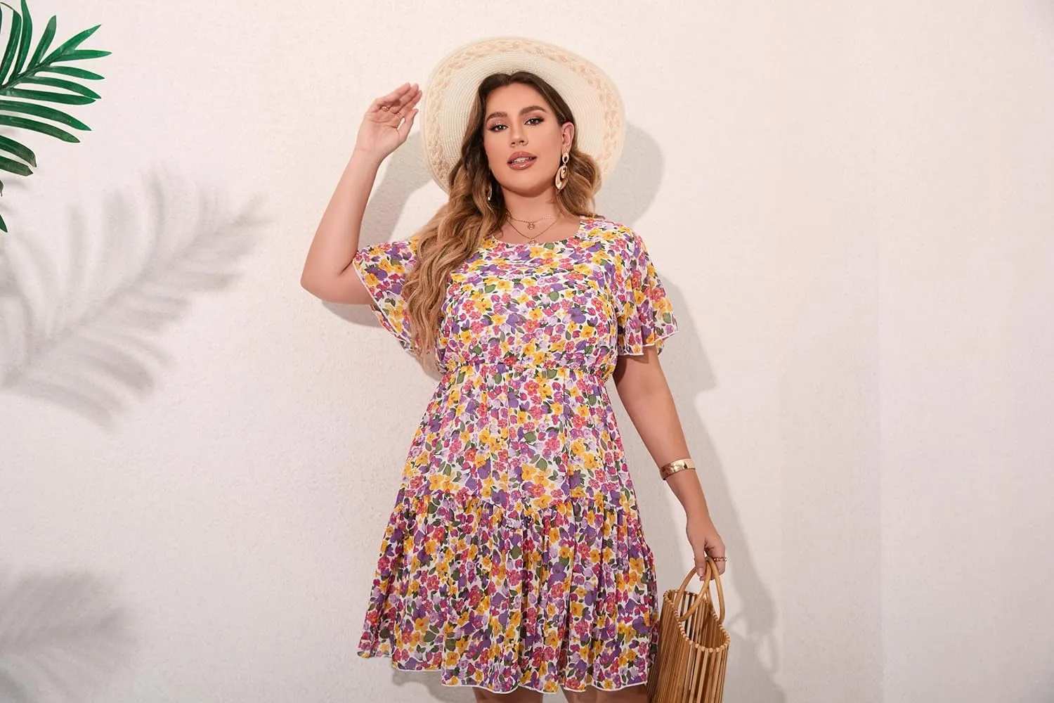 HBEYYTO Women's Plus Size Floral Print Boho Beach Dress Casual Ruffle Sleeve Elastic Waist Swing Chiffon Sundress