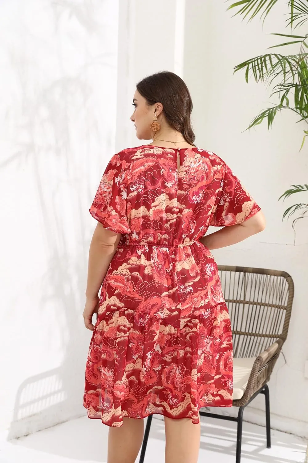 HBEYYTO Women's Plus Size Floral Print Boho Beach Dress Casual Ruffle Sleeve Elastic Waist Swing Chiffon Sundress