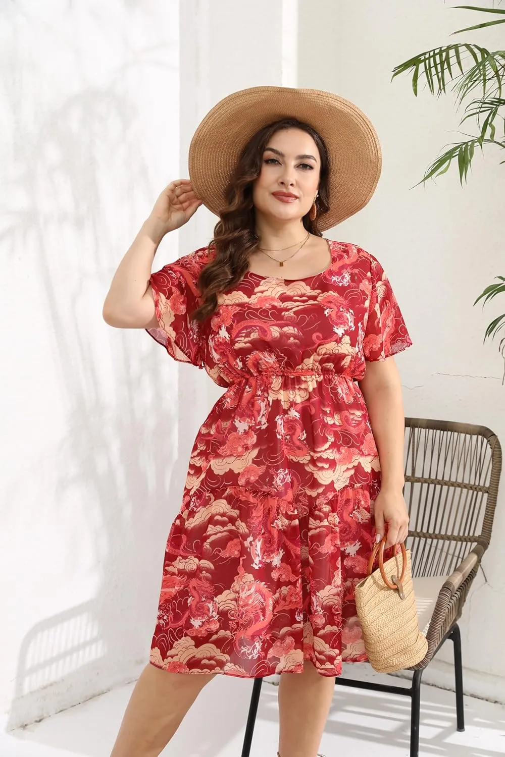 HBEYYTO Women's Plus Size Floral Print Boho Beach Dress Casual Ruffle Sleeve Elastic Waist Swing Chiffon Sundress