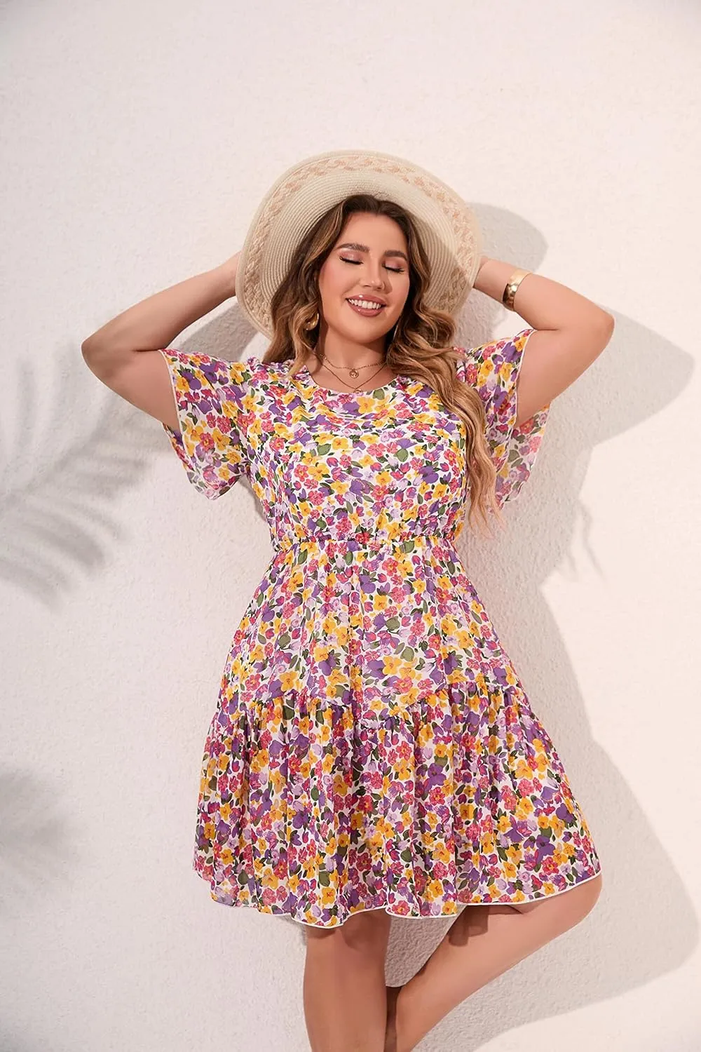 HBEYYTO Women's Plus Size Floral Print Boho Beach Dress Casual Ruffle Sleeve Elastic Waist Swing Chiffon Sundress