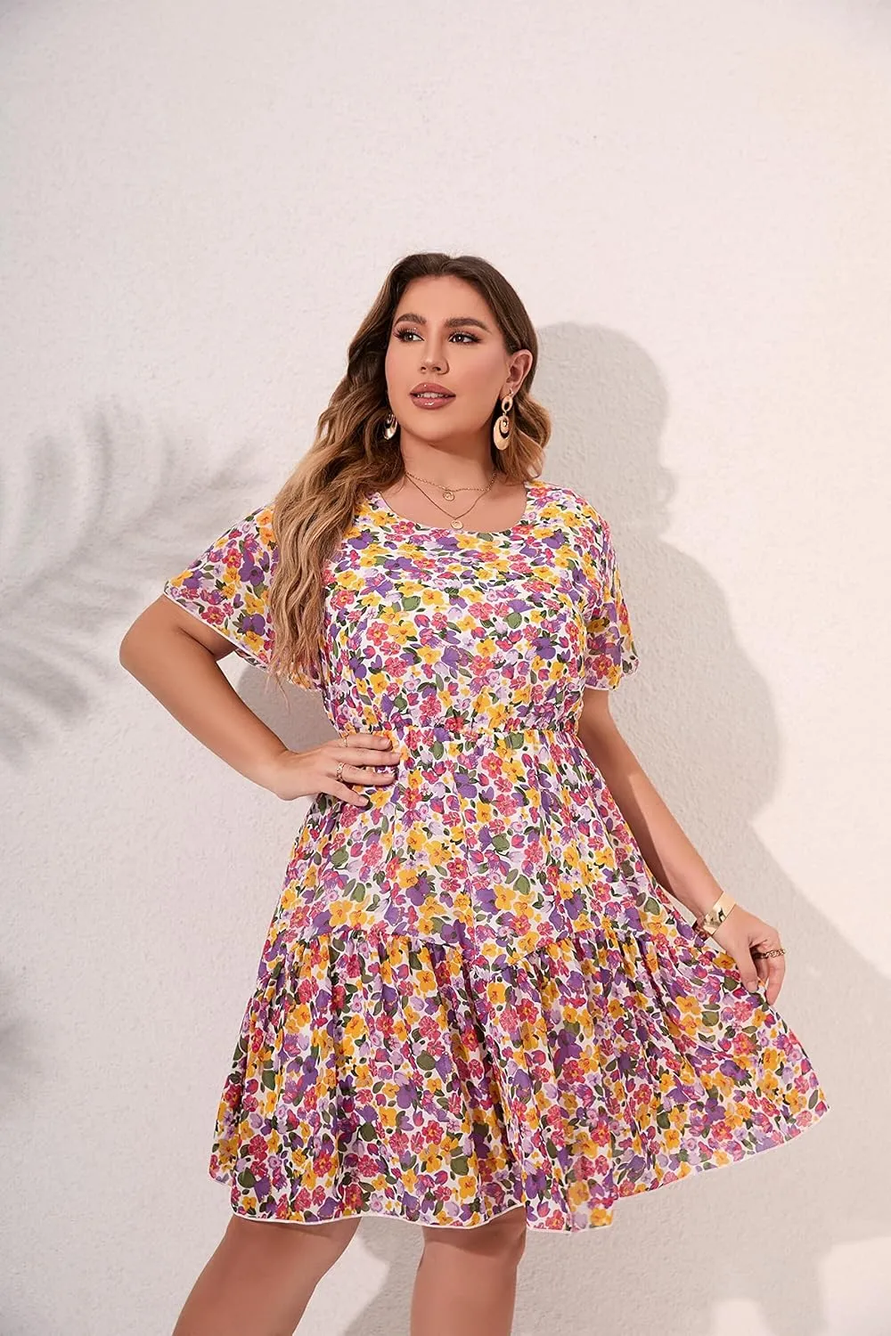 HBEYYTO Women's Plus Size Floral Print Boho Beach Dress Casual Ruffle Sleeve Elastic Waist Swing Chiffon Sundress