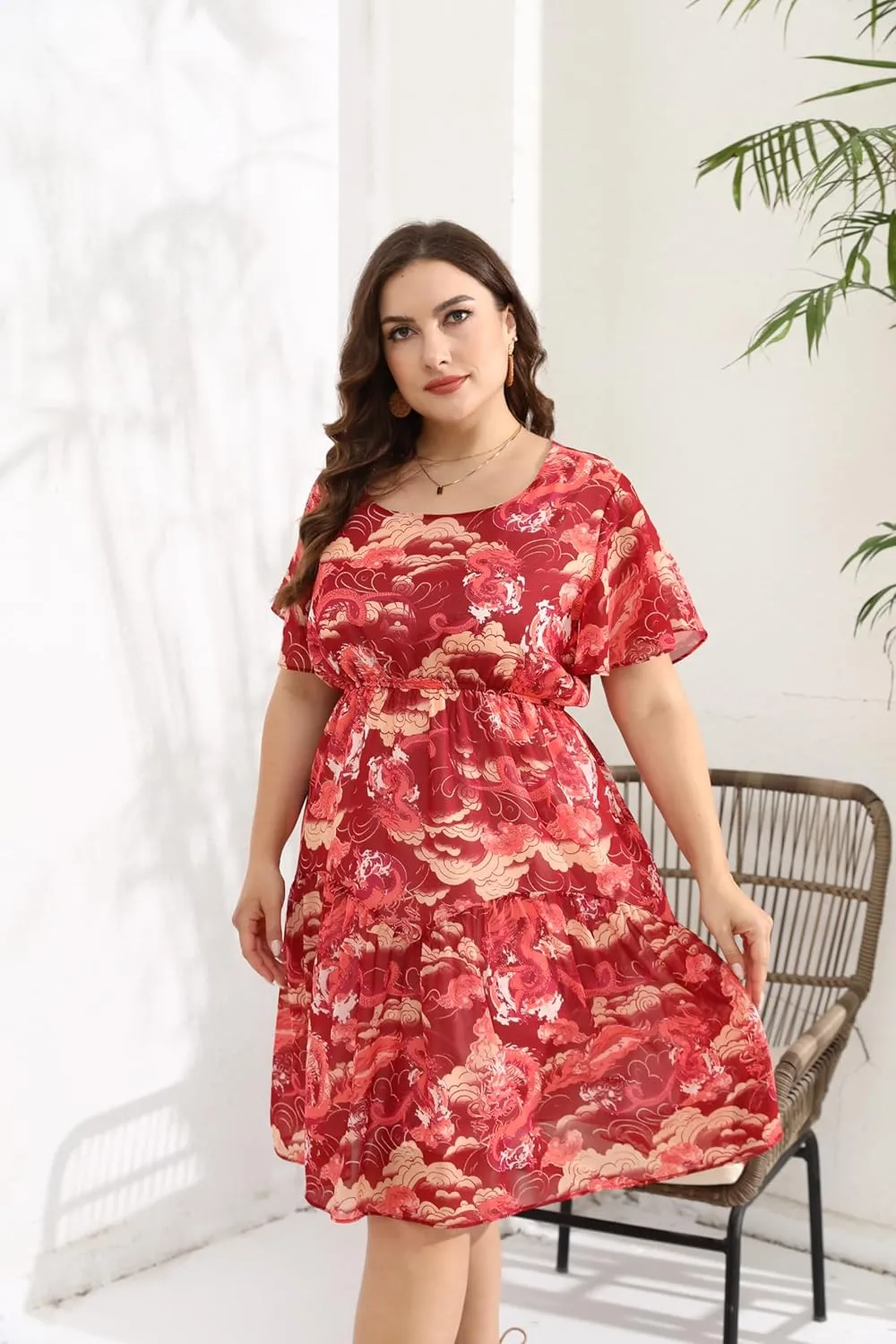 HBEYYTO Women's Plus Size Floral Print Boho Beach Dress Casual Ruffle Sleeve Elastic Waist Swing Chiffon Sundress