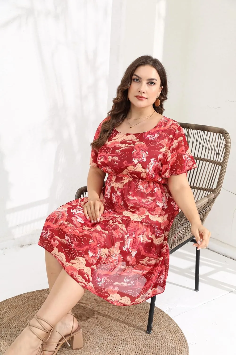 HBEYYTO Women's Plus Size Floral Print Boho Beach Dress Casual Ruffle Sleeve Elastic Waist Swing Chiffon Sundress