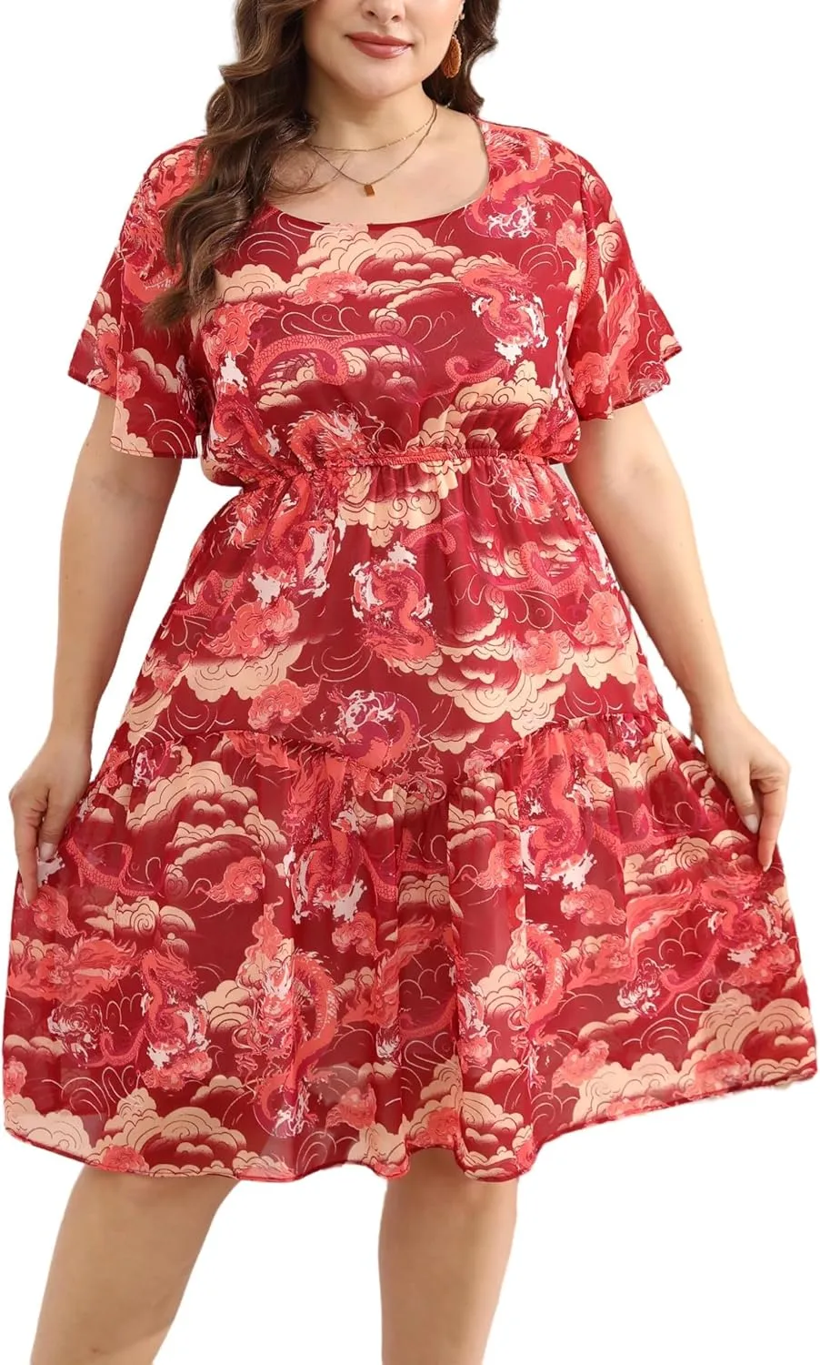 HBEYYTO Women's Plus Size Floral Print Boho Beach Dress Casual Ruffle Sleeve Elastic Waist Swing Chiffon Sundress
