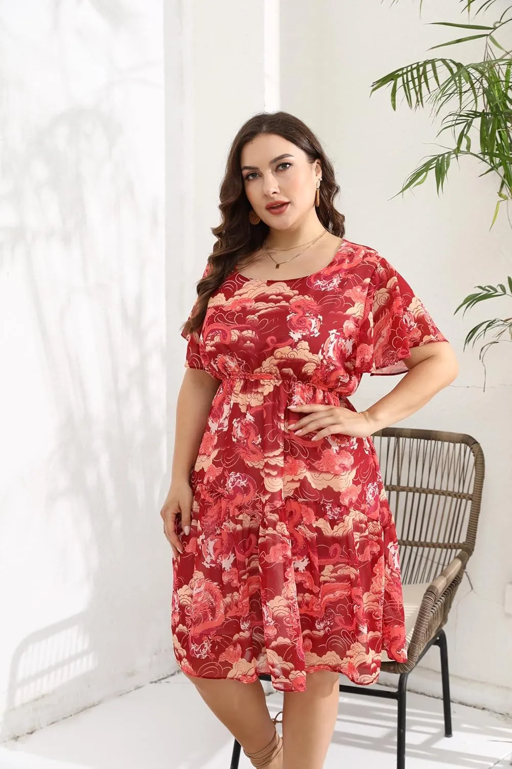 HBEYYTO Women's Plus Size Floral Print Boho Beach Dress Casual Ruffle Sleeve Elastic Waist Swing Chiffon Sundress