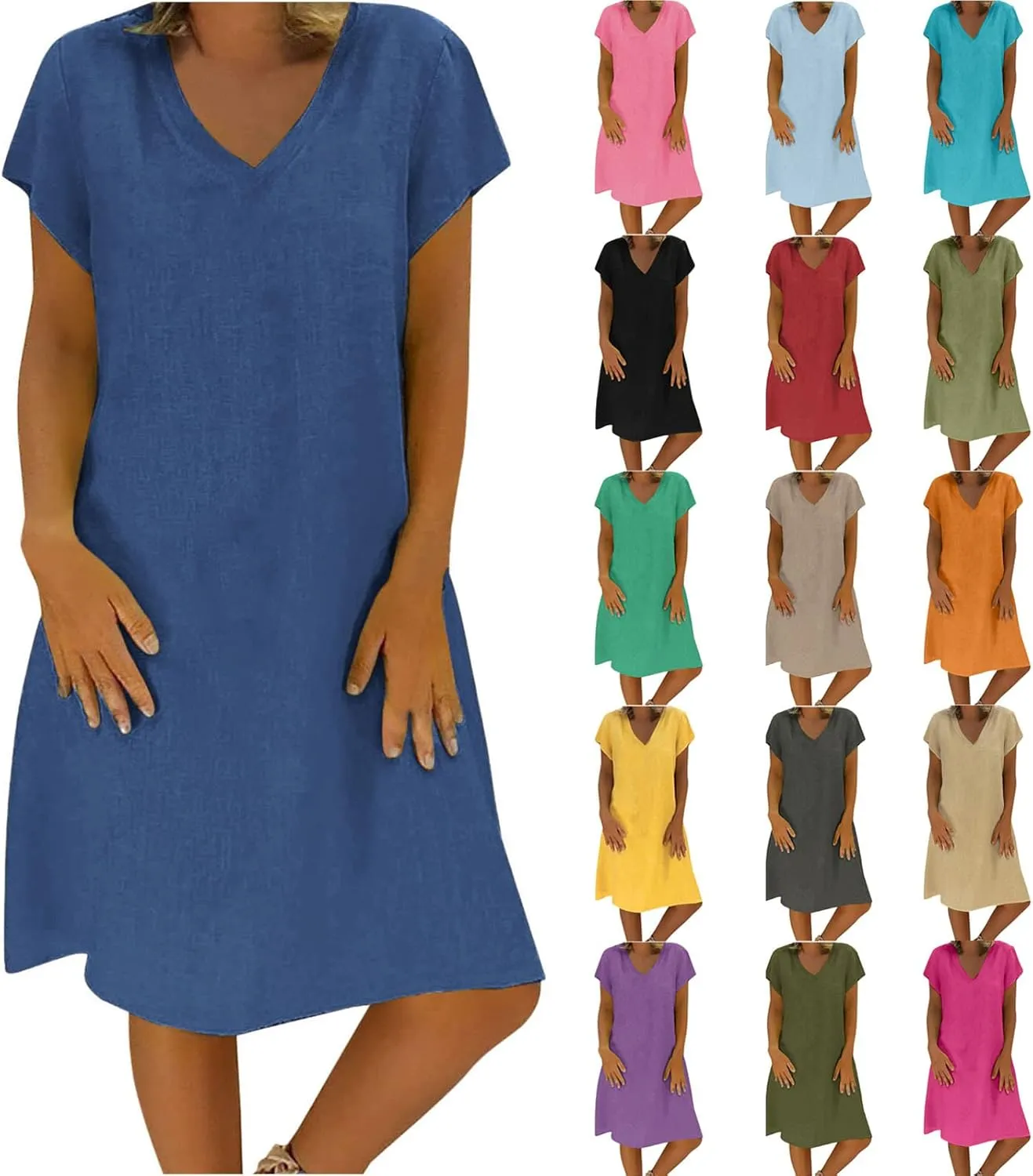 HGps8w Women's Cotton Linen V Neck Tunic Dresses Plus Size Short Sleeve Casual Loose Plain Mini Summer Beach Sun Dress