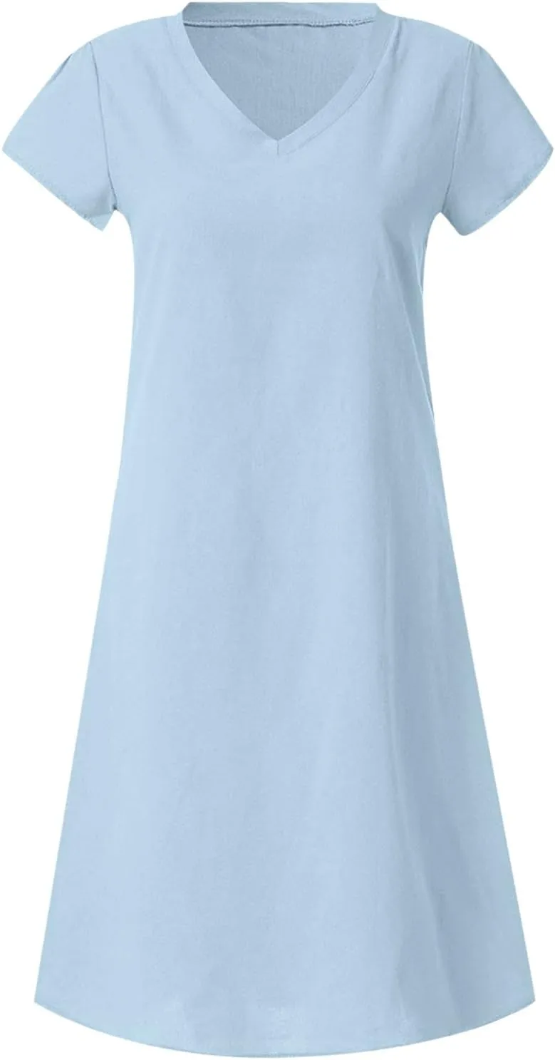 HGps8w Women's Cotton Linen V Neck Tunic Dresses Plus Size Short Sleeve Casual Loose Plain Mini Summer Beach Sun Dress